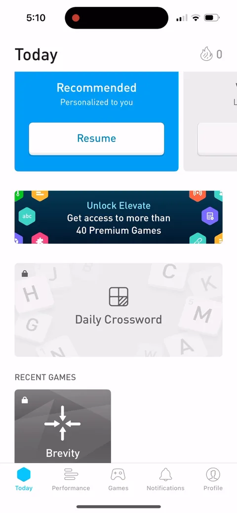 Elevate onboarding screen 118: 'Personalized to you' on the upsell, listing 40+ premium games and a daily crossword