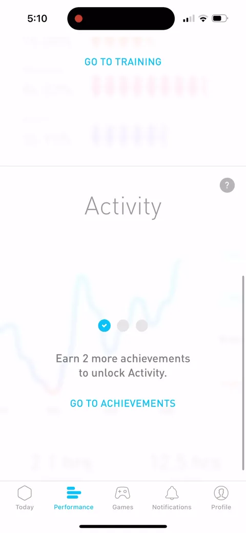 Elevate onboarding screen 121: 'Earn 2 more achievements to unlock activity.' Gating a feature behind effort rather than money