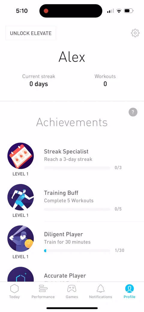 Elevate onboarding screen 127: Streaks, workouts and levelled achievements, all sitting at zero on day one