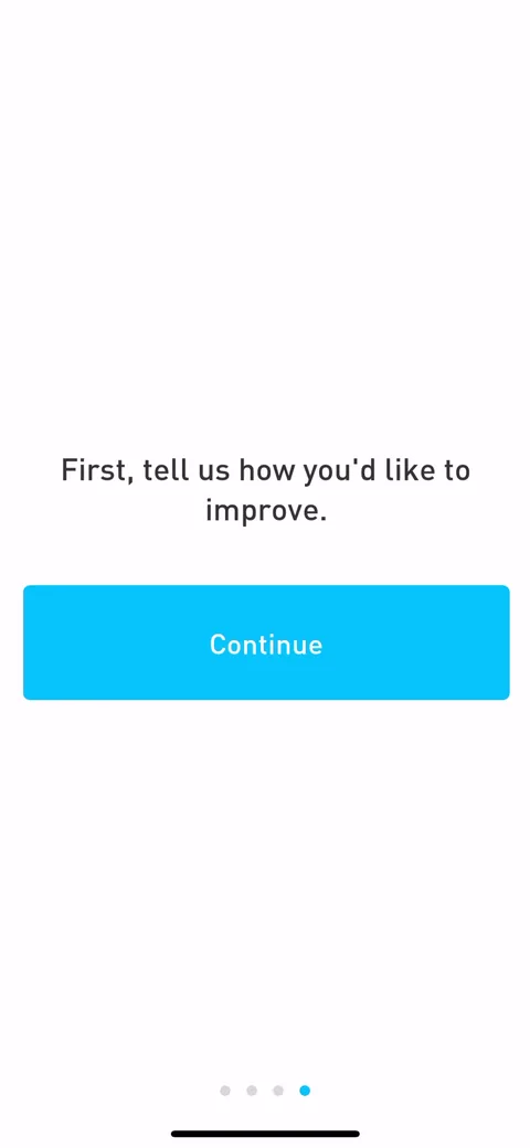 Elevate onboarding screen 15: 'First, tell us how you'd like to improve.' A framing screen before the questions start, so the quiz reads as…