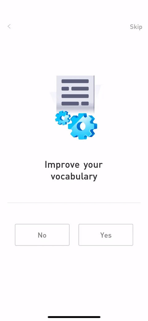 Elevate onboarding screen 17: Six goals, one per screen, each a plain Yes/No: improve your vocabulary, articulate your thoughts more…
