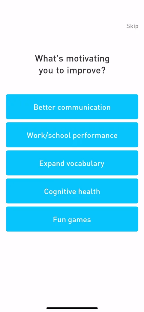 Elevate onboarding screen 24: 'What's motivating you to improve?' after six capability questions