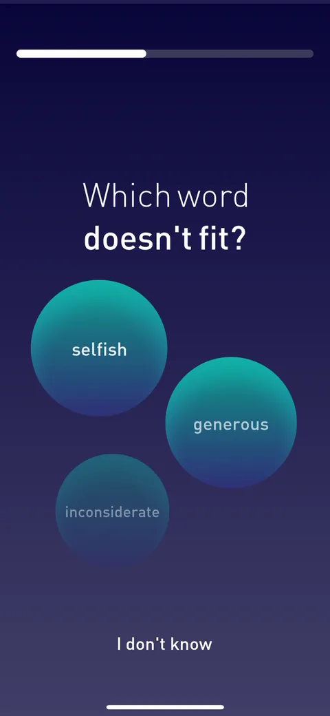 Elevate onboarding screen 44: 'Which word doesn't fit' with a 'Don't know' option on every question