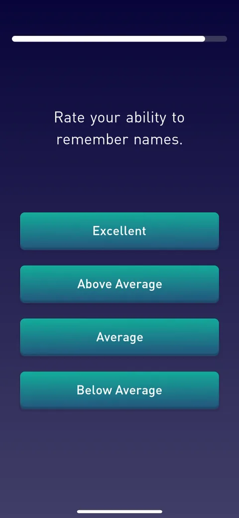 Elevate onboarding screen 54: Self-rating questions mixed in with the tested ones: 'rate your ability to remember names'