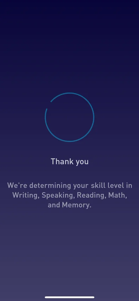 Elevate onboarding screen 57: 'We're determining your skill level in Writing, Speaking, Reading, Math, and Memory.' A processing screen…