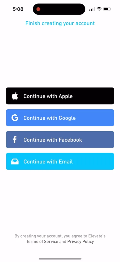 Elevate onboarding screen 66: Signup finally, after the assessment