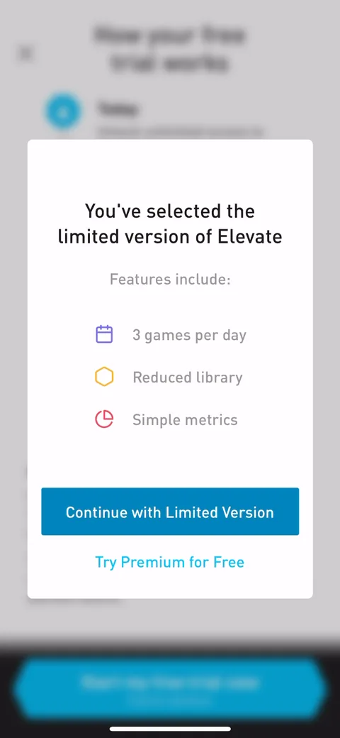 Elevate onboarding screen 77: Decline and you get 'You've selected the limited version of Elevate', listing exactly what you gave up: 3…