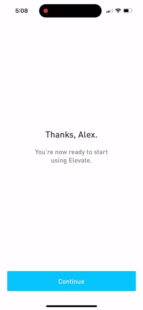 Elevate onboarding screen 81: 'Thanks Alex, you're now ready to start using Elevate.' Name in the copy, and an explicit end to onboarding