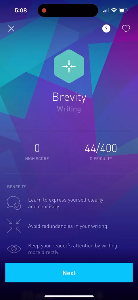 Elevate onboarding screen 85: Each game opens with its own benefit statement, 'learn to express yourself clearly and concisely', plus…