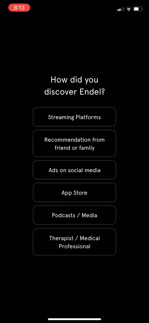 Endel onboarding screen 13: Attribution survey: 'how did you discover Endel' with channels like ads, podcasts, app store