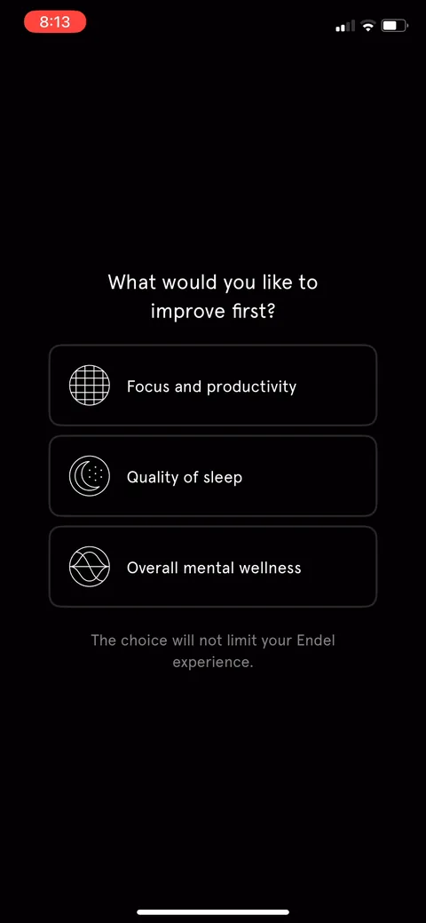 Endel onboarding screen 19: Goal setting: focus, sleep, or mental wellness