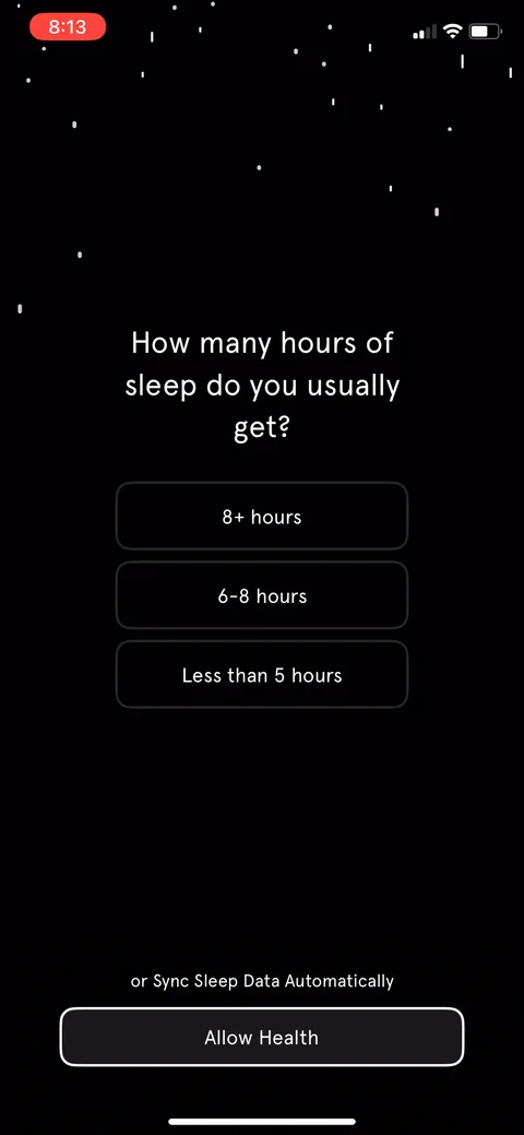 Endel onboarding screen 23: Sleep hours question with 'or Sync Sleep Data Automatically' via Allow Health