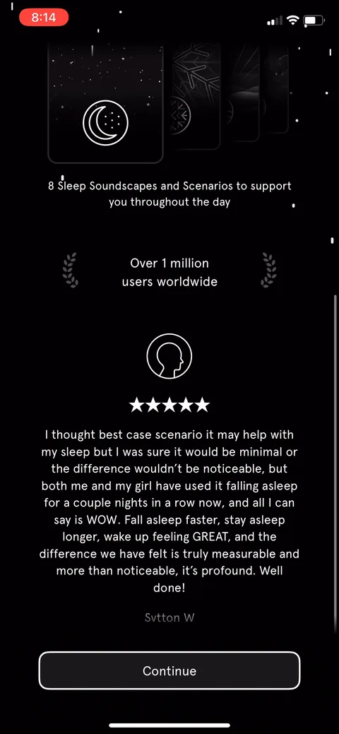 Endel onboarding screen 33: Testimonial wall with 'over 1 million users worldwide' and a long five-star review