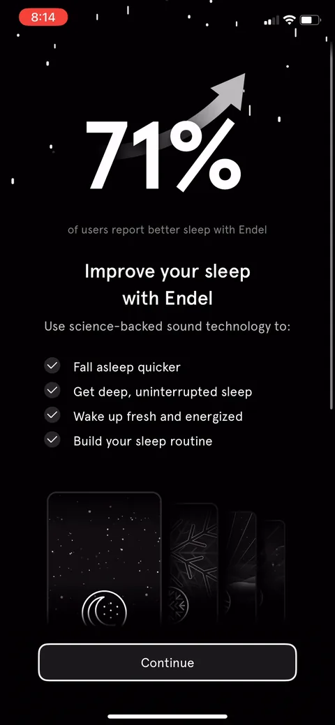 Endel onboarding screen 46: The value payoff repeated ('77% report better sleep') right before account setup