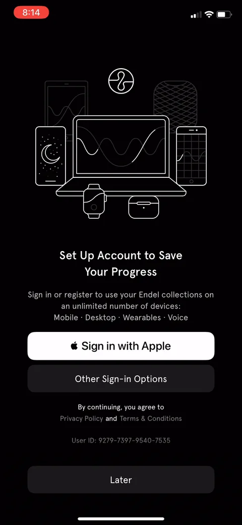 Endel onboarding screen 48: Account setup lands here, after the value and the quiz, with Sign in with Apple and a 'Later' escape