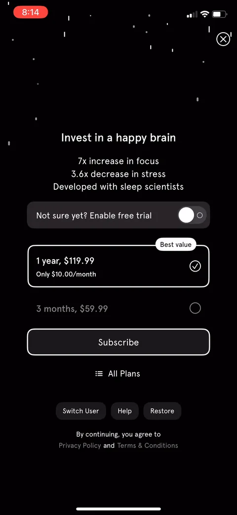 Endel onboarding screen 54: The paywall defaults to annual ($119.99) with the trial OFF, hidden behind a 'Not sure yet