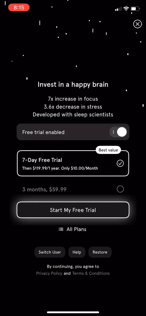 Endel onboarding screen 55: Flip the toggle and the same annual plan becomes a 7-day free trial, same price reframed as risk-free