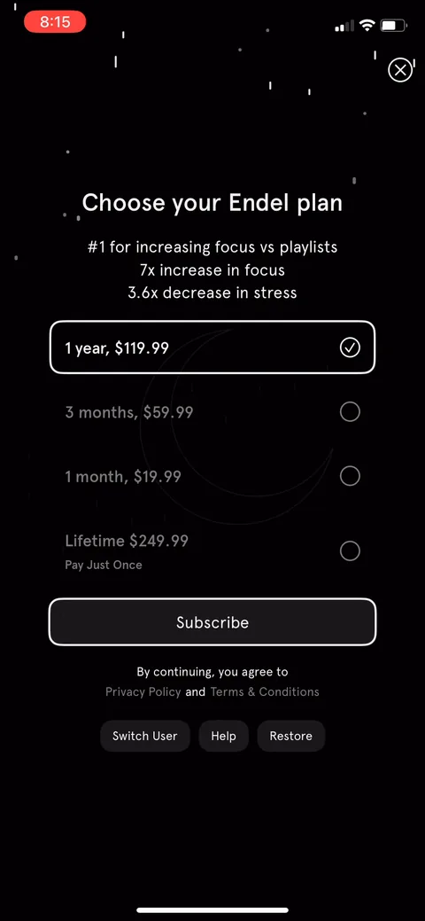 Endel paywall with pricing, onboarding screen 57