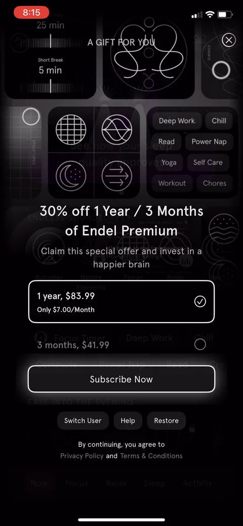 Endel onboarding screen 62: Hit close and you get a second offer: 30% off, annual down to $83.99