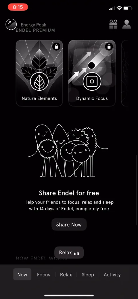 Endel onboarding screen 83: Referral built into the home screen: 'Share Endel for free, help your friends focus, relax and sleep with 14…
