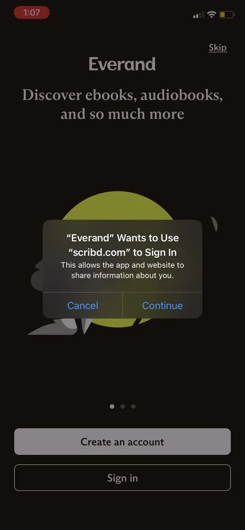 Everand onboarding screen 2: An OS-level 'everand wants to use scribd.com to sign in' dialog