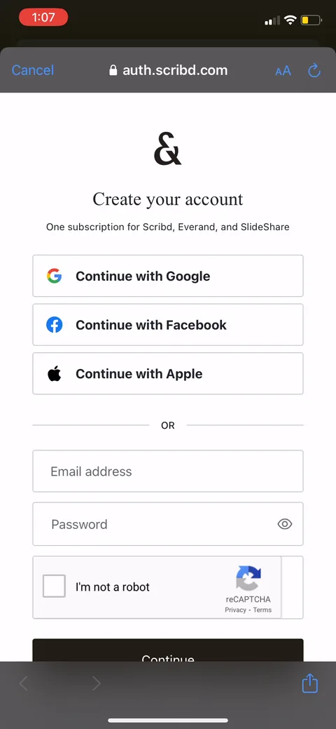 Everand onboarding screen 4: Account creation happens in a scribd.com webview