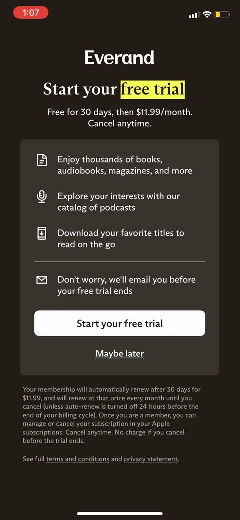 Everand paywall with pricing, onboarding screen 11