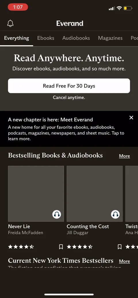 Everand onboarding screen 12: Post-paywall drops you into a real library feed with a 'meet Everand' banner, not a blank home