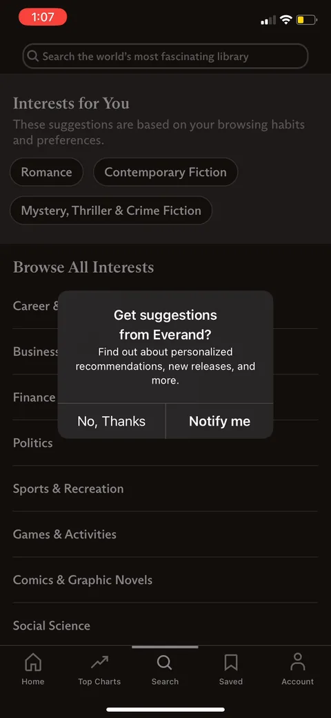 Everand onboarding screen 16: Interests for You lands after the paywall
