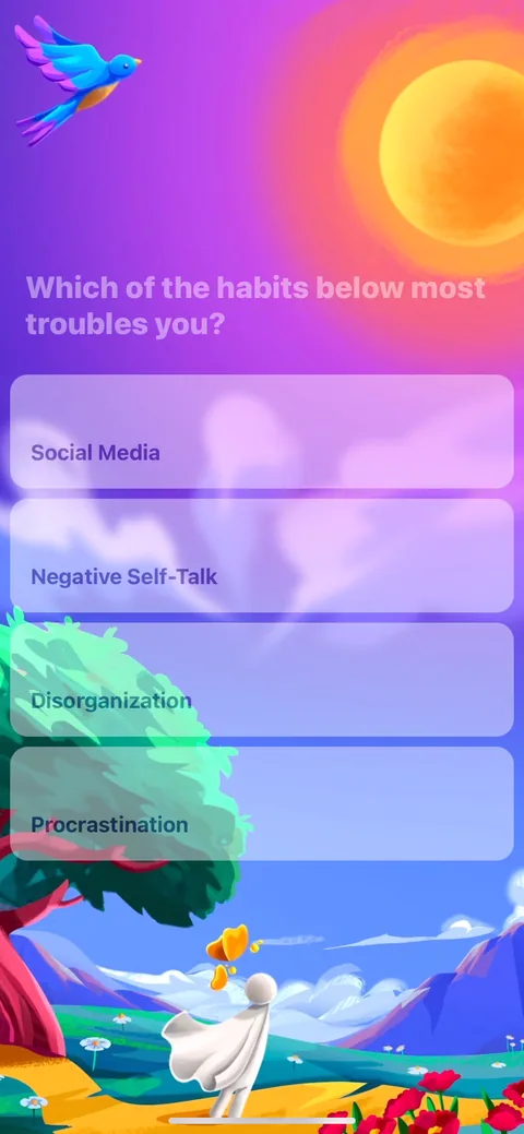 Fabulous onboarding screen 9: 'Which of the habits below troubles you' as single-select