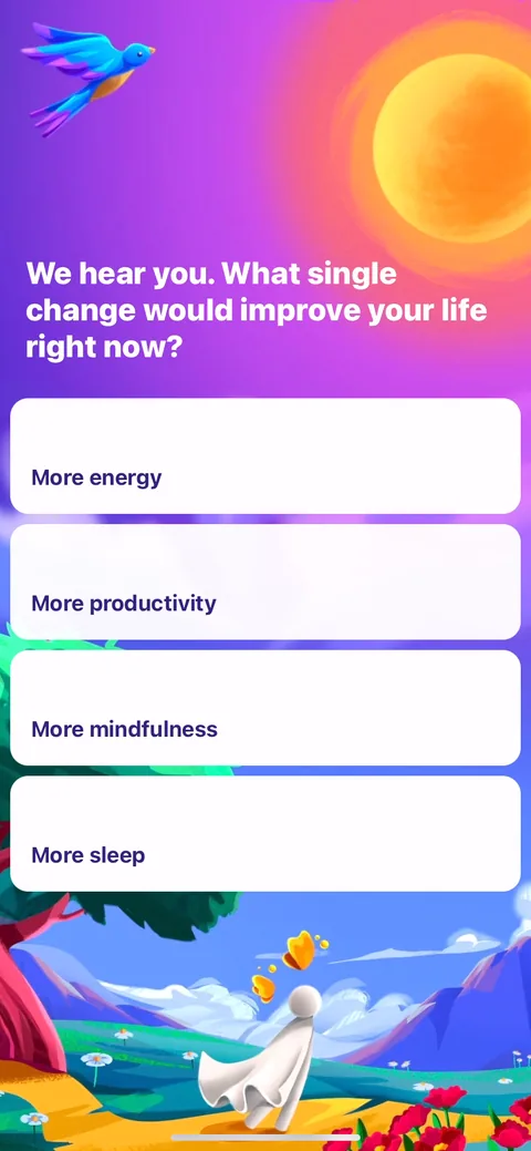 Fabulous onboarding screen 10: Forcing one primary goal: more energy, productivity, mindfulness, or sleep