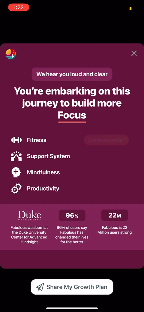 Fabulous onboarding screen 18: Personalization echo plus social proof stacked