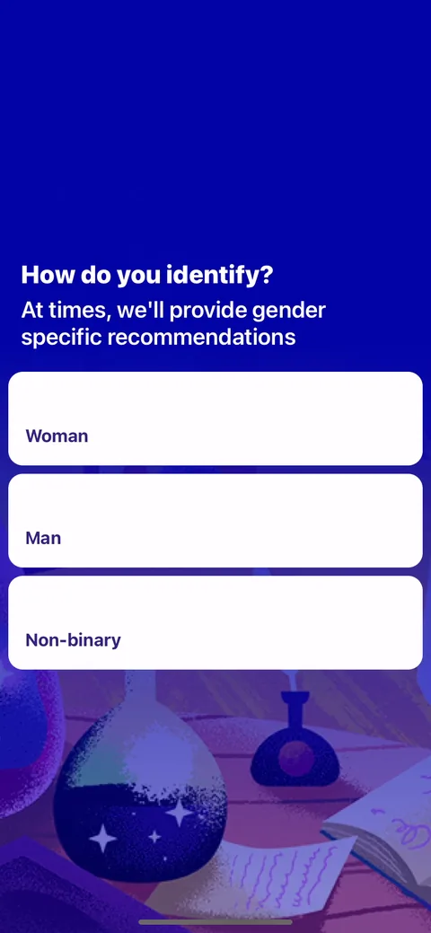 Fabulous onboarding screen 24: 'How do you identify,' with the reason stated on screen: 'at times we'll provide gender specific…
