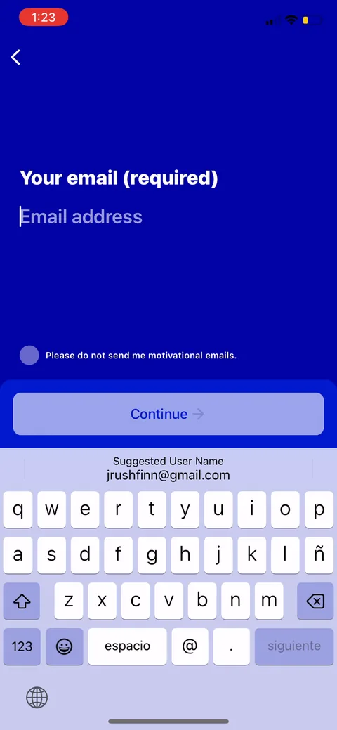 Fabulous onboarding screen 27: Email required, with an opt-out checkbox ('please do not send me motivational emails')