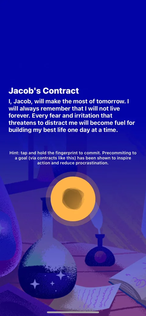 Fabulous onboarding screen 30: A tap-and-hold fingerprint pledge written in first person with your name in it ('Jacob will make the most of…