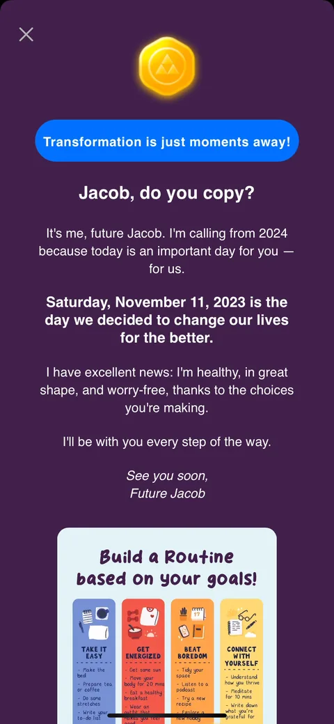 Fabulous onboarding screen 33: The paywall opens as a letter from your future self thanking you for the choice you're making today, dated to…