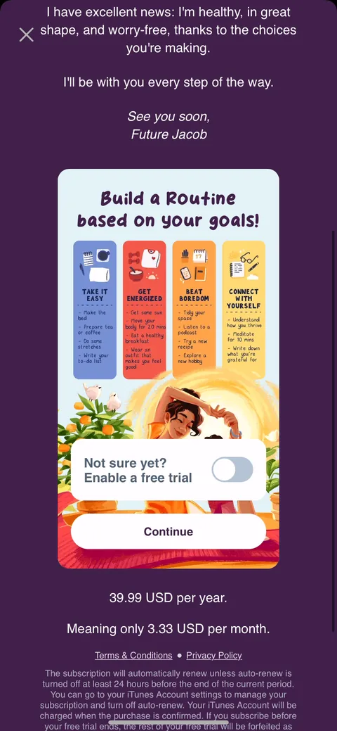 Fabulous onboarding screen 37: Single annual plan at $39.99, broken down to 'only $3.33 per month,' with the free trial as an off-by-default…