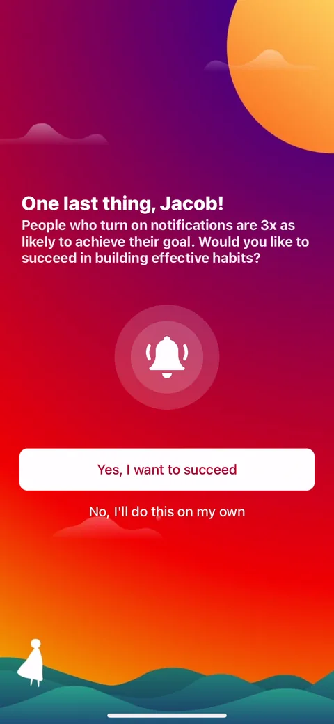 Fabulous onboarding screen 50: Notification permission framed by benefit: 'people who turn on notifications are 3x as likely to achieve…
