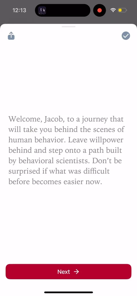 Fabulous onboarding screen 100: Post-paywall, a behavioral-science explainer naming the 'intention-action gap' and psychologists Fishbein and…