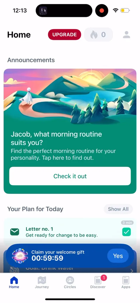 Fabulous onboarding screen 103: Back on the home screen, a 'claim your welcome gift' banner with a 59-minute countdown