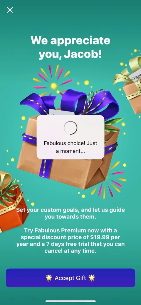 Fabulous onboarding screen 105: Third ask, framed as a gift: $19.99/year with a 7-day trial
