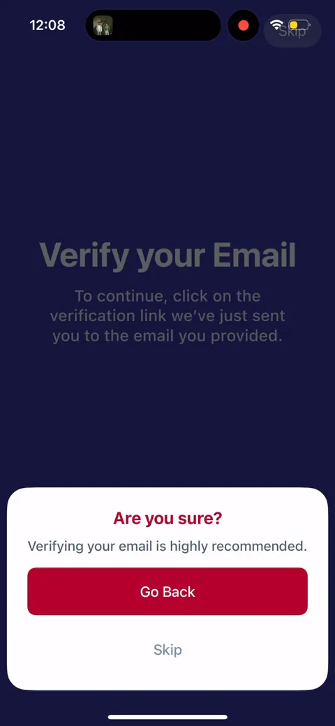 Fabulous onboarding screen 19: Skip email verification and you get 'Are you sure