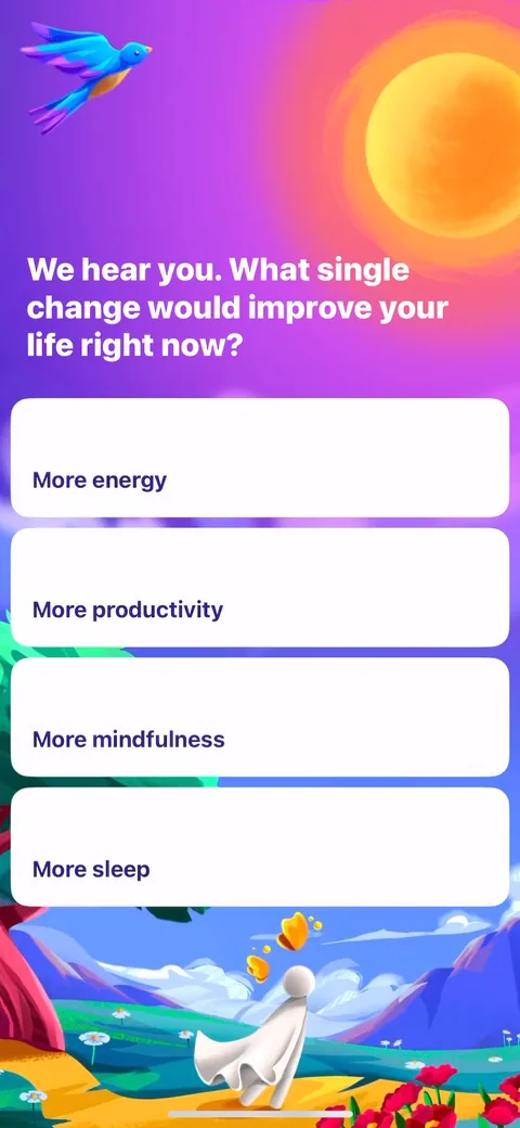Fabulous onboarding screen 27: 'What single change would improve your life right now' with more energy / productivity / mindfulness / sleep