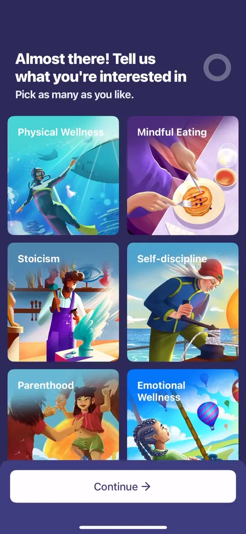 Fabulous onboarding screen 30: 'Tell us what you're interested in, pick as many as you like.' Multi-select is right here, interests aren't…