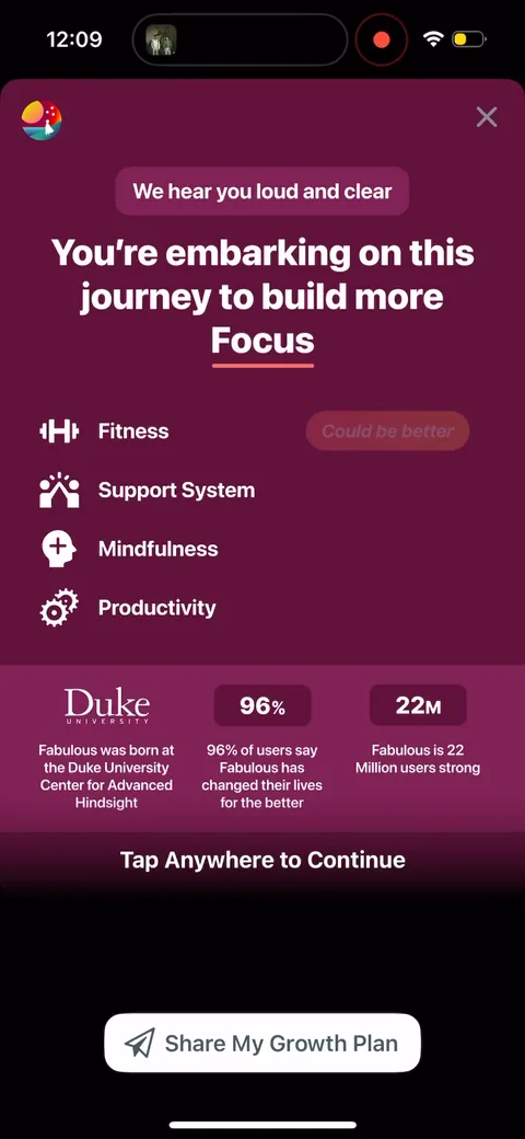 Fabulous onboarding screen 41: The growth plan reveal echoes the goals you picked (Focus, Fitness, Mindfulness, Productivity) and stacks…