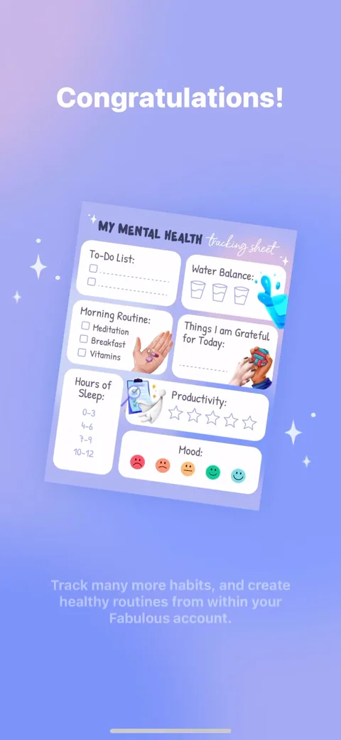 Fabulous onboarding screen 56: 'Congratulations' with the completed routine checklist