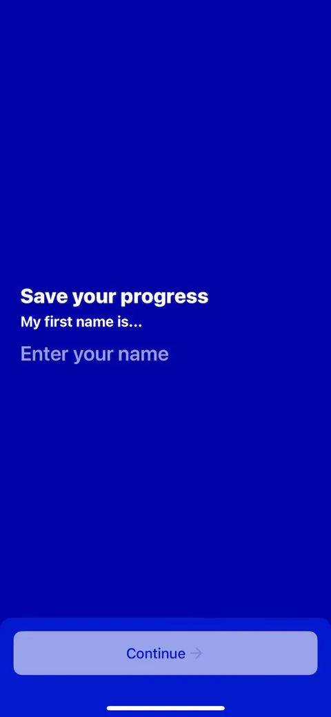 Fabulous onboarding screen 57: 'Save your progress, my first name is.' Name capture framed as protecting the work you just did, not signup