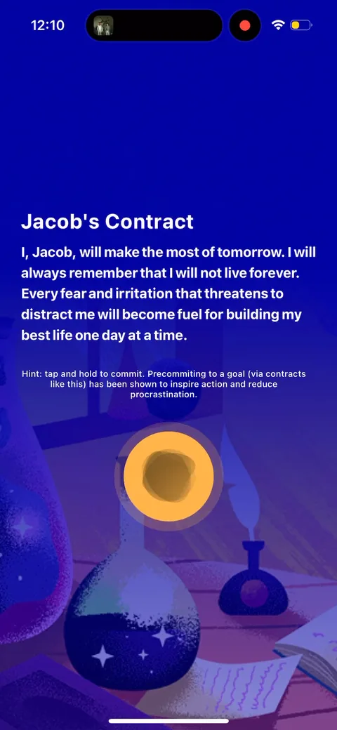 Fabulous onboarding screen 64: 'Jacob's Contract,' written first person with your name, tap and hold to commit
