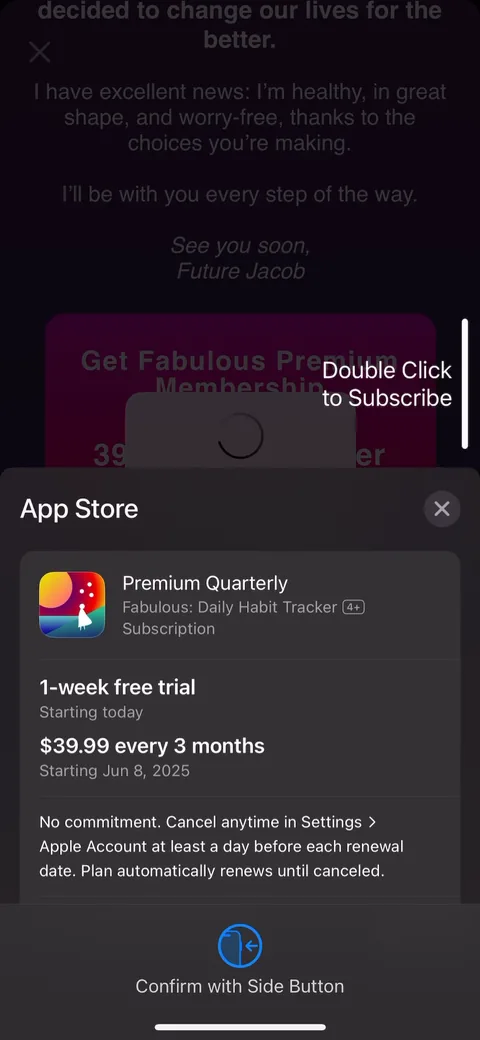 Fabulous onboarding screen 76: The native subscribe sheet, 1 week free then $39.99 every 3 months