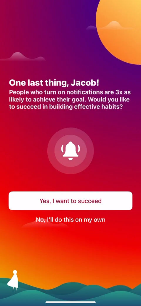 Fabulous onboarding screen 78: 'People who turn on notifications are 3x as likely to achieve their goal.' Benefit-framed permission ask, and…